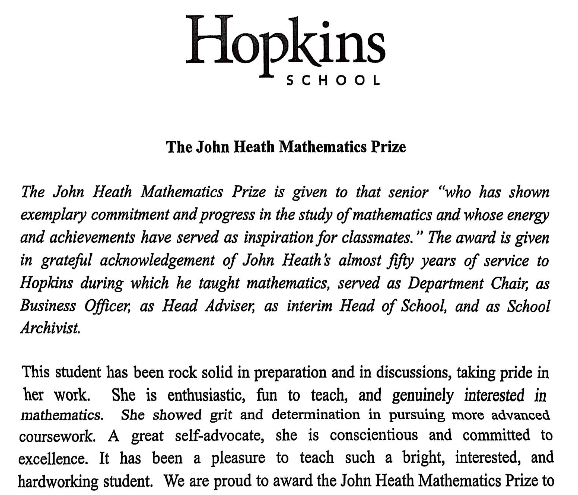 The John Heath Mathematics Prize awarded by Hopkins School to one of Jessy's students