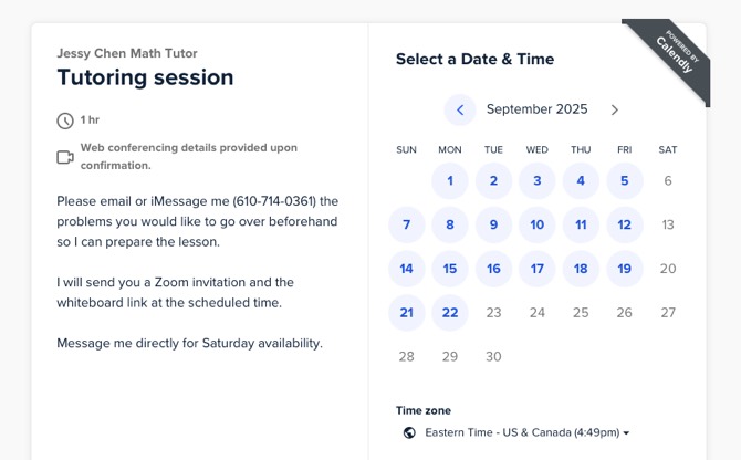 Booking a math tutoring session on an online calendar